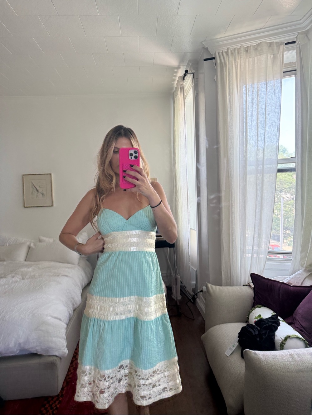 Betsey Johnson Aqua Midi Dress with Ivory Lace Bands